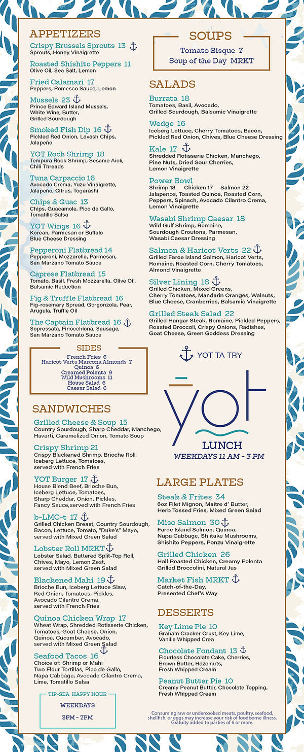 Menu YOT Bar & Kitchen Waterfront Restaurant Fort Lauderdale Flori